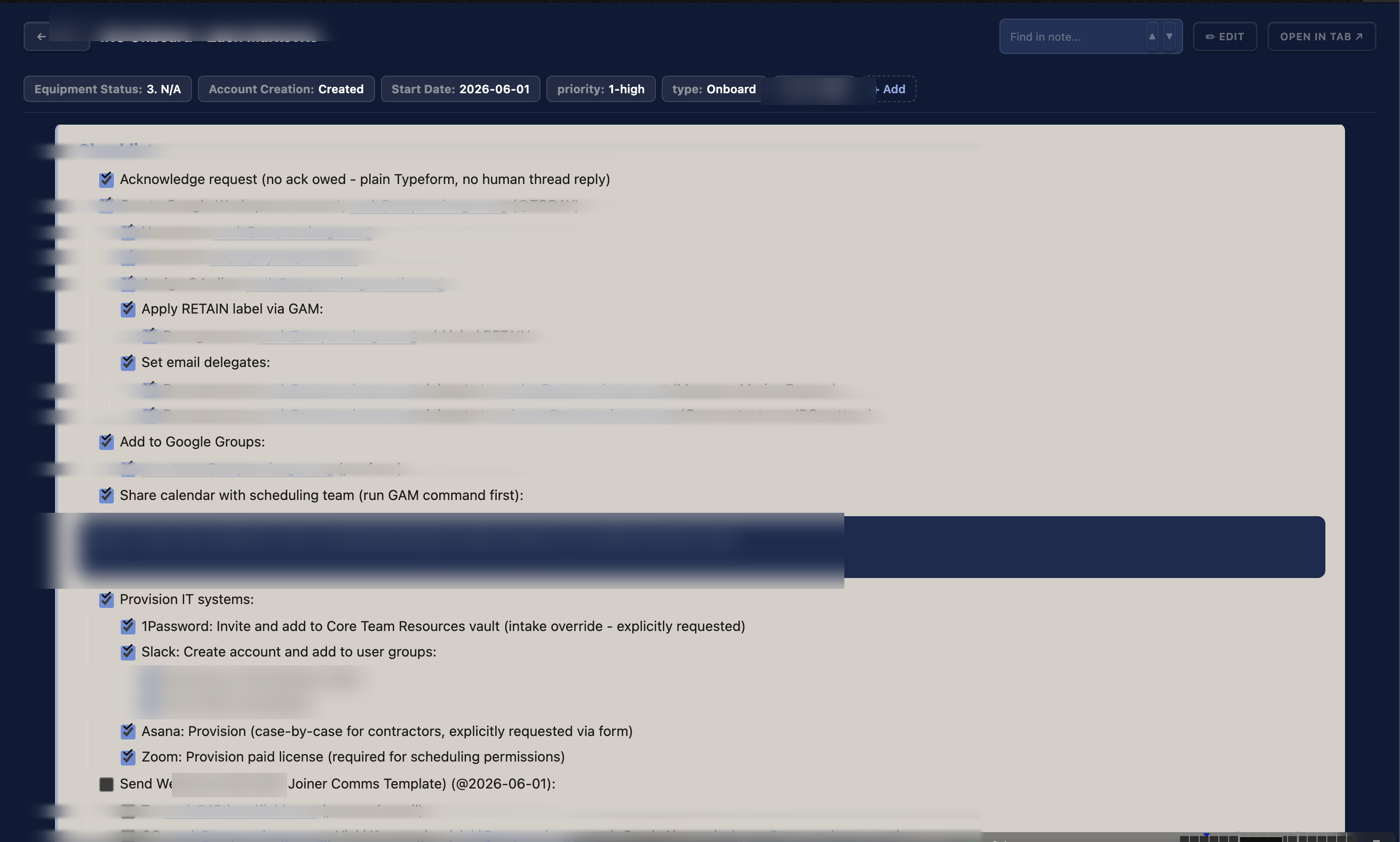 Auto-generated onboarding ticket: a per-ticket checklist of steps written in parallel against the playbook (client data redacted)